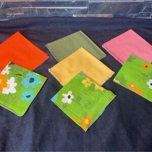 Vintage Floral Green Handkerchiefs & Solid Color 7 Squares 1960s/70’s
